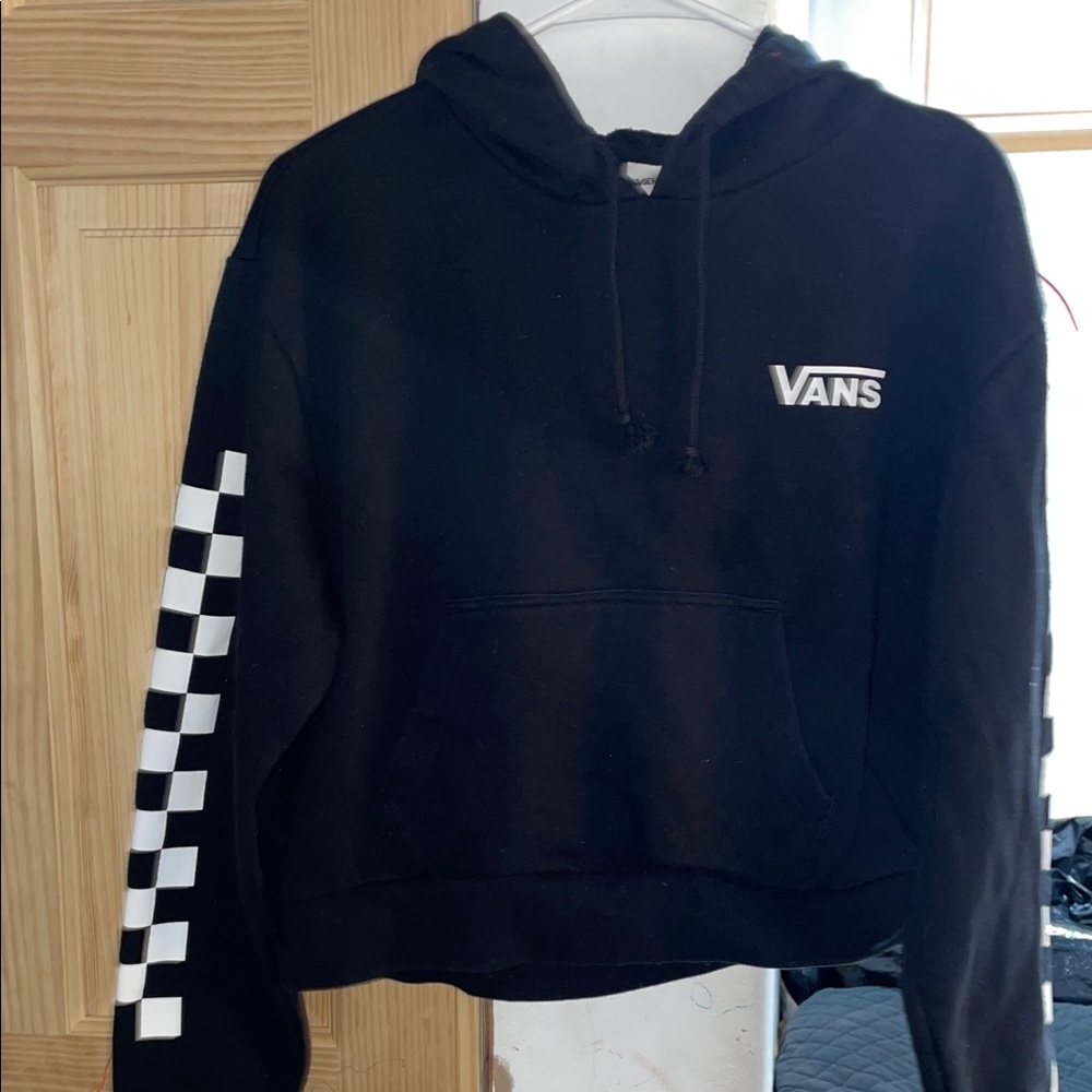 Vans Black Hoodie with Checkered Sleeve Design